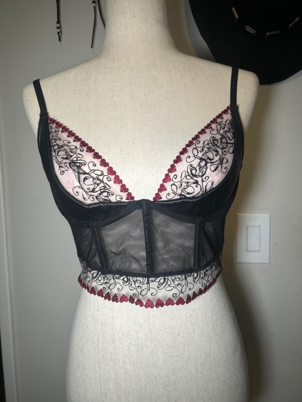 Sheer Black Longline Lace Bralette with Pink and Burgundy Trim